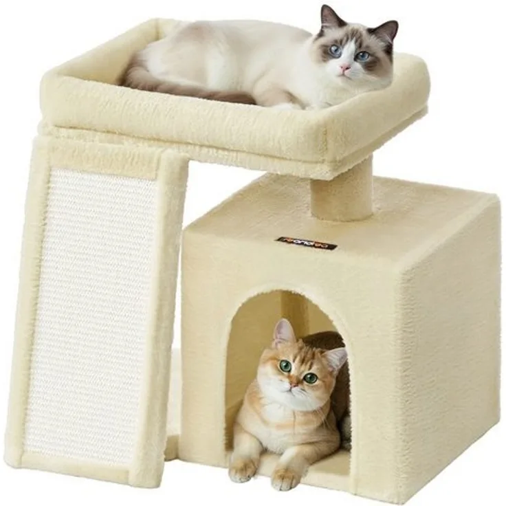 FEANDREA Kleiner Katzenbaum, Kratzbaum mit Kratzbrett, Katzenhöhle und Plattform, beige