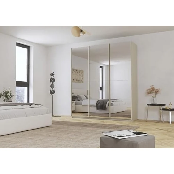 Rauch Möbel Kulmbach, Kleiderschrank mit Schwebetüren für Schlafzimmer, Kinderzimmer, Jugendzimmer, Garderobe, Flur, 3-türig, mit Spiegel, Zubehör Basic, Farbe Beige, Breite 203 cm – Bild 2