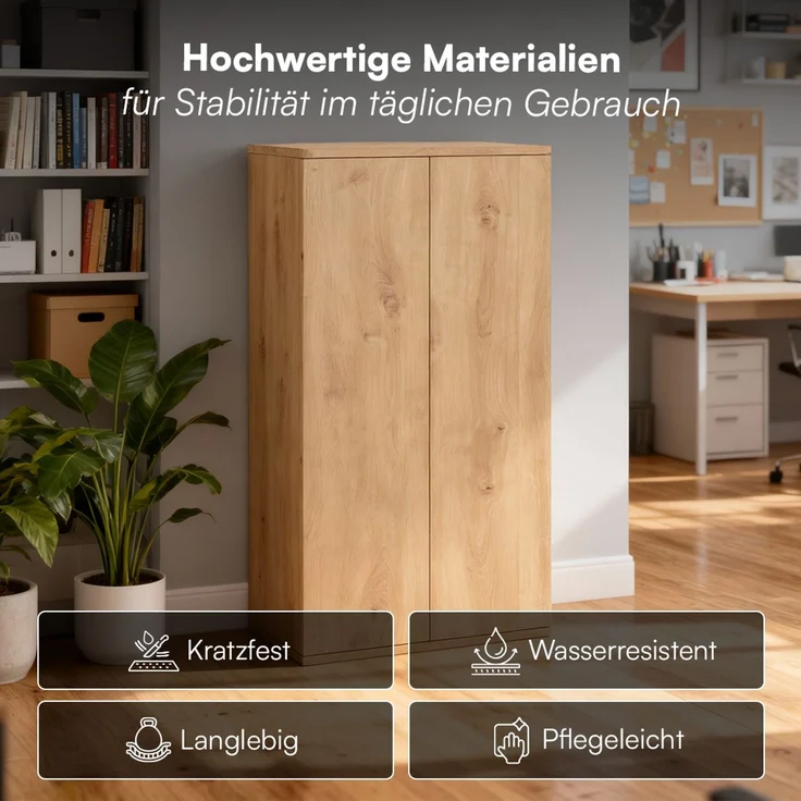 Bellamio 'Ais' Mehrzweckschrank, Eichenoptik, 110x33x60 cm, kleiner Aktenschrank mit 3 Fächern, Hängeschrank mit Push-to-open – Bild 2
