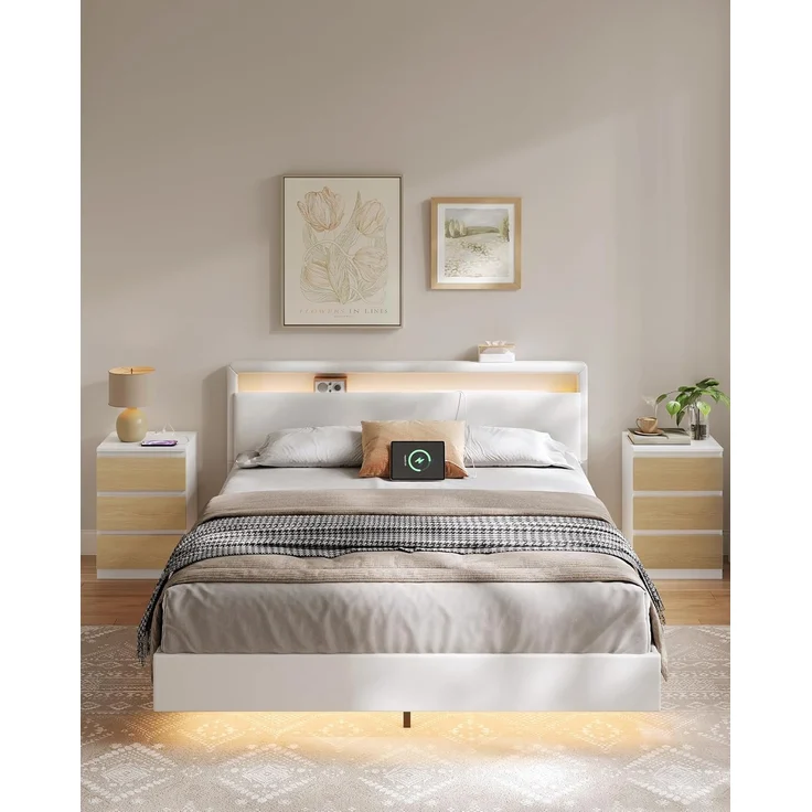 VASAGLE Nachttisch mit Steckdosenleiste, 2er Set, Beistelltisch, 3 Schubladen, 2 AC-Steckdosen, 2 USB-A-Anschlüsse, Wohnzimmer, Schlafzimmer, Arbeitszimmer, modern, wolkenweiß-mandelgelb LET831Y01 – Bild 2