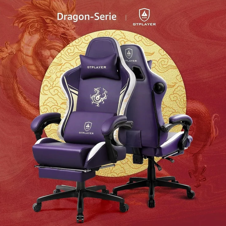 GTPLAYER Gaming Stuhl Gamer Stuhl mit Bluetooth-Lautsprechern und Fußstütze, Dragon Series Bürostuhl, Ergonomischer Drehsessel, Computerstuhl 150KG, lila – Bild 4