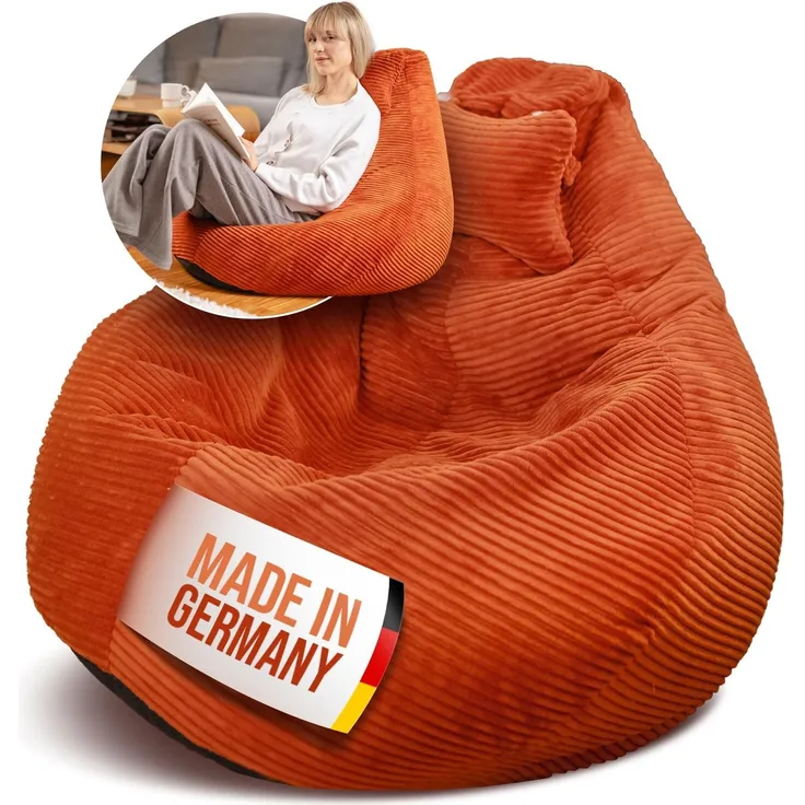 LazyCloud Sitzsack für Erwachsene mit integrierter [Nackenstütze] Cord | XXL Indoor Bean Bag mit Füllung | perfekt als Chill-, Lese- oder Gaming Sessel (90 x 80 x 70 cm) (Korallrot)