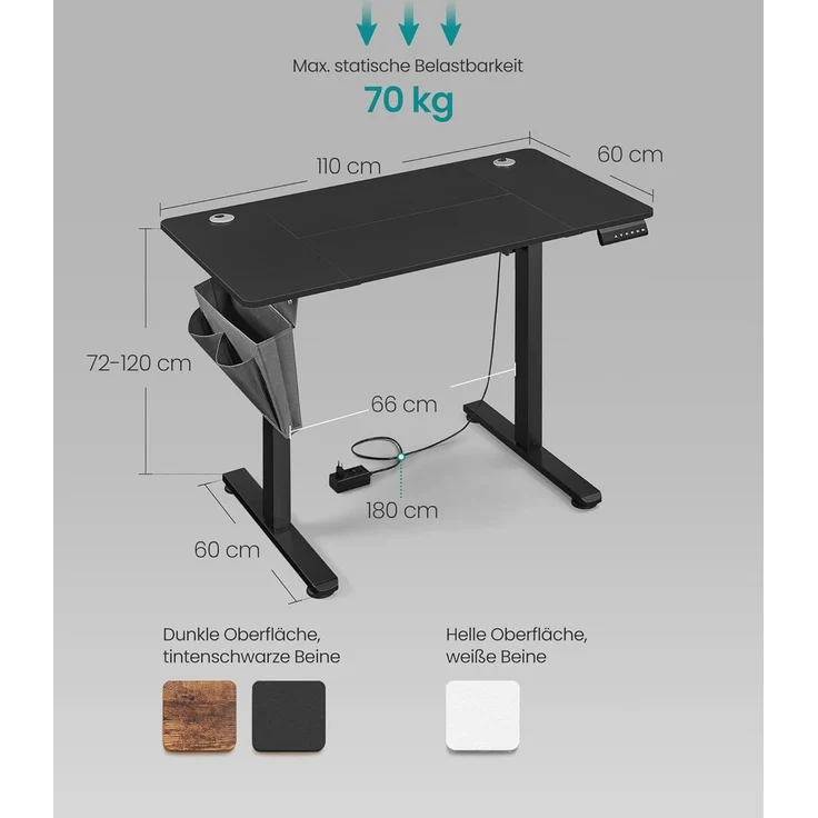 Songmics Höhenverstellbarer Schreibtisch elektrisch, 60x110 x (72-120) cm, Verstellbarer Tisch, Memory-Funktion für 4 Höhen, für Homeoffice, Arbeitszimmer, tintenschwarz – Bild 2