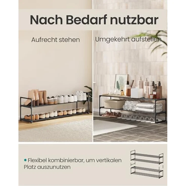 SONGMICS Schuhregal mit 2 Ebenen, Schuhständer aus Metall, Schuhaufbewahrung, Schuh-Organizer für 10-12 Paar Schuhe, stapelbar, für Flur, Wohnzimmer, Schlafzimmer, 30 x 116 x 34 cm, schwarz LSA032B01 – Bild 5