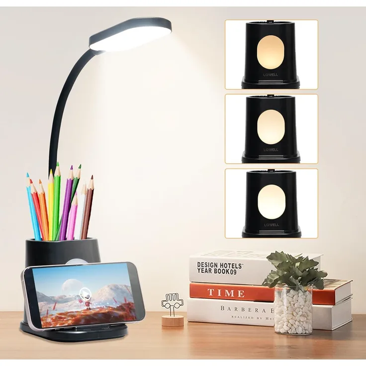LQWELL LED Schreibtischlampe 4 in 1 LED Schreibtischlampe USB Aufladbar, LED fest integriert, 3 Helligkeitsstufen Nachtlicht, 360° Flexibel Stifthalter Tischlampe Studienlampe, mit Telefonhalter,für Heimbüro