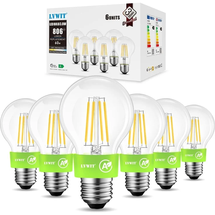 LVWIT 3.8W E27 LED Energieklasse A, Glühfaden A60, 2700K Warmweiß, ultrahell 806 Lumen Glühbirne, ersatz 60W, Rustikalampe in Kolbenform, Filamentstil klar (6er Pack) Nicht Dimmbar