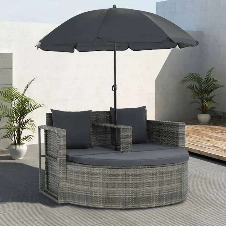 vidaXL Gartenbett mit Sonnenschirm Grau Poly Rattan 44478