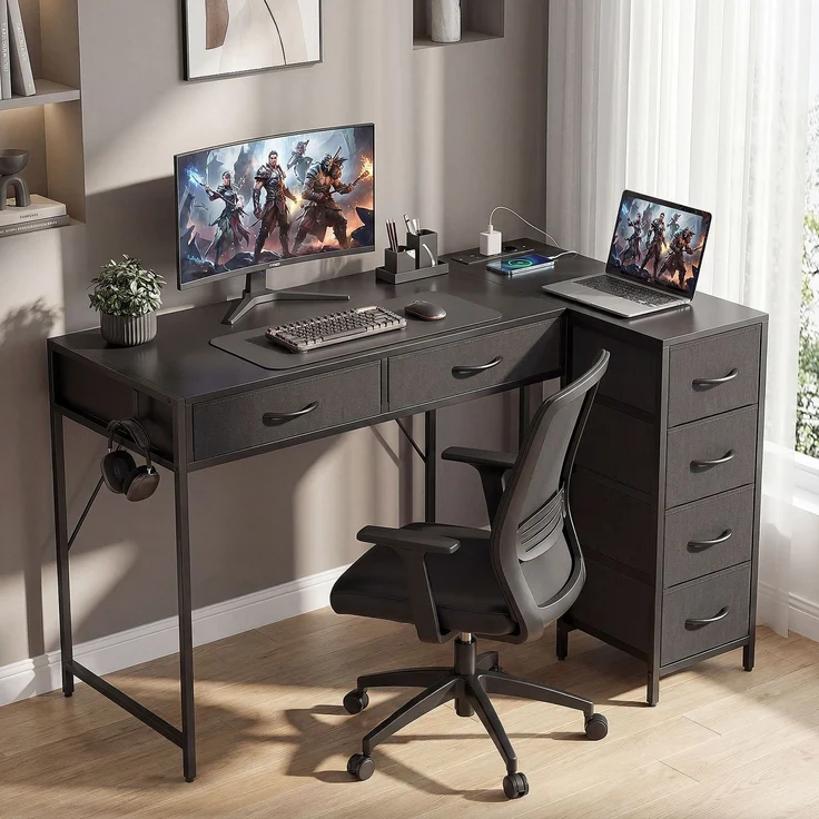 Eckschreibtisch mit 6 Schubladen mit seitlichem Haken und integrierten Steckdosen, 126.0×48.0×80.0cm, Schwarz, MELAYR – Bild 3