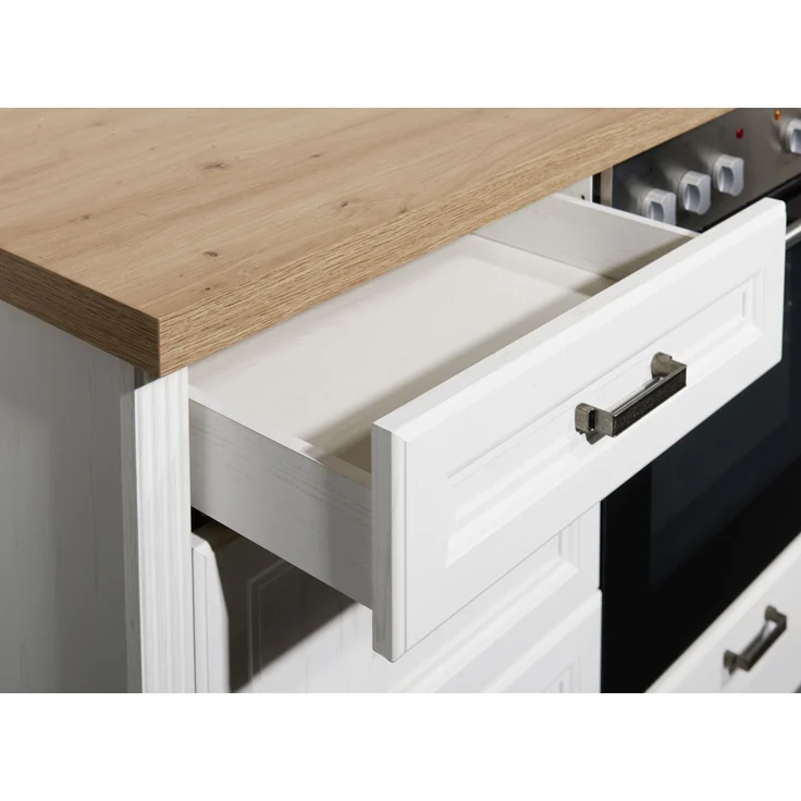 JASMIN Moderne Küchenzeile ohne Elektrogeräte in Pinie hell, Artisan Eiche Optik - Geräumige Einbauküche im Landhausstil - 235 x 216,5 x 60 cm (B/H/T) – Bild 6
