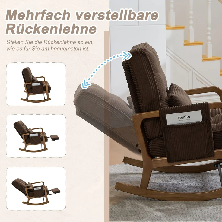 LVHOM Schaukelstuhl mit ausziehbarer Fußstütze, Relaxsessel mit verstellbare Rückenlehne, Loungesessel mit Seitentasche, bis 150 kg belastbar, Braun – Bild 4