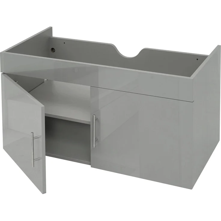 MCW Waschbeckenunterschrank D16 Grau 90cm, Hochglanz-Optik, 2 Türen, flexibler Einlegeboden mit 3 Höhen, wandmontierbar