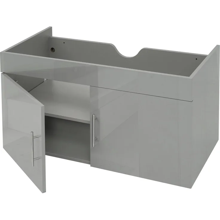 MCW Waschbeckenunterschrank D16 Grau 90cm, Hochglanz-Optik, 2 Türen, flexibler Einlegeboden mit 3 Höhen, wandmontierbar