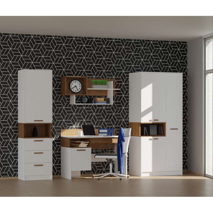 Marmex Möbel Grant Set-A Jugendzimmer Komplett-Set 4-teilig mit Kleiderschrank, Schreibtisch, Wandregal, geschlossenes Regal, Kinderzimmermöbel mit Schreibtisch, laminierte Spanplatte, Kleiderstange, weiß+riviera Eiche, 250x195x55 cm – Bild 6