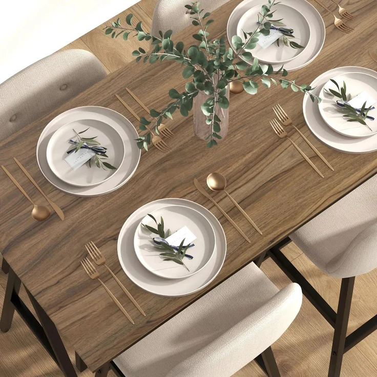 Bartisch-Set 120x60x91 cm mit 4 gepolsterten Barhockern, Beige, Stahlgestell – Bild 2