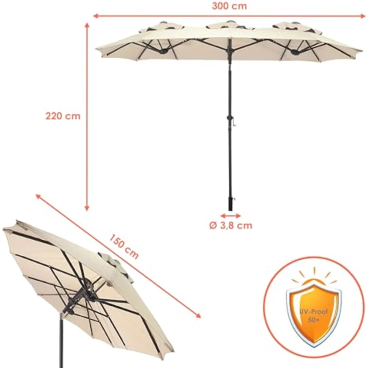 Spetebo Sonnenschirm Doppel Sonnenschirm 300 x 150 cm - natur, LxB: 300.00x150.00 cm, Packung, mit Handkurbel, Drei Kuppel Sonnenschutz Gartenschirm – Bild 3