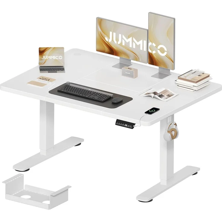 JUMMICO Schreibtisch elektrisch höhenverstellbar mit Kabelwanne & USB-Buchse, Weiß, 120x70 cm