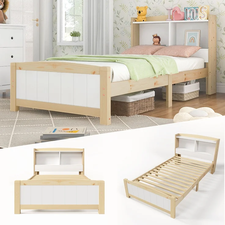 Bett 90x200 cm mit Stauraum-Kopfteil aus Massivholz, weiß – platzsparendes Einzelbett mit Lattenrost – Bild 6
