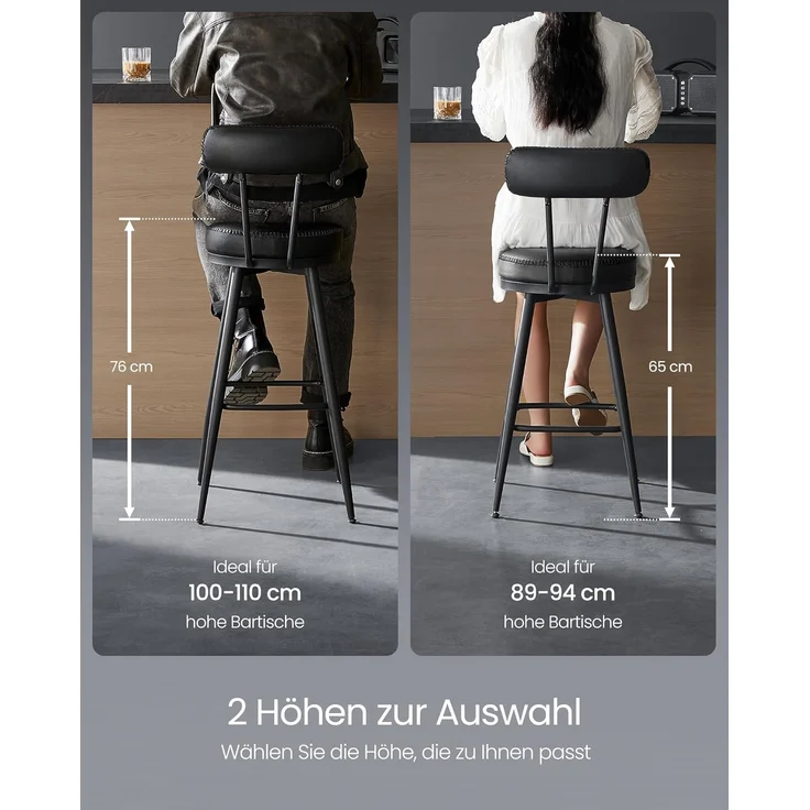 VASAGLE EKHO Kollektion - 360° drehbarer Barhocker, 2er Set, Hocker mit Rückenlehne für Bartisch, Kunstleder mit Nähten, Mid-Century-Modern-Stil, 76 cm hoch, Küche, Hausbar, tintenschwarz LBC889B01 – Bild 9