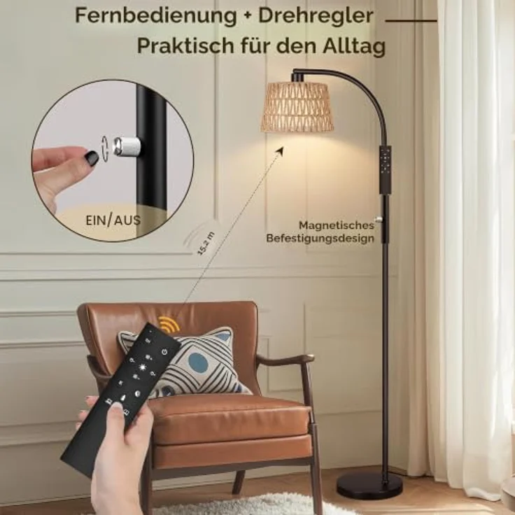 ROTTOGOON Bogen Rattan Stehlampe für Wohnzimmer 3 Farbtemperaturen Dimmbare 9W LED mit Fernbedienung Boho Landhausstil Stehleuchte für Schlafzimmer Büro Schwarz – Bild 6