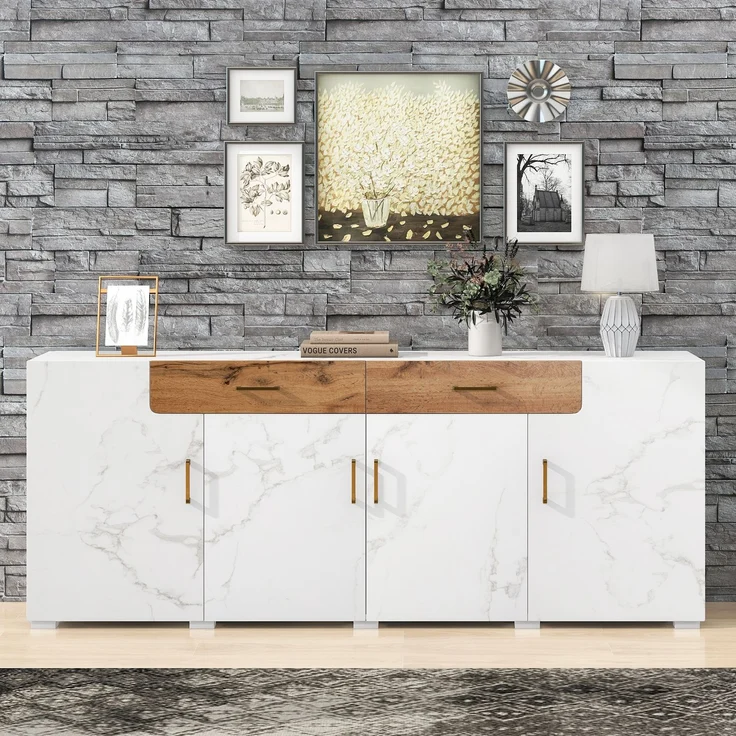 Sideboard weiß marmoriert mit Eiche-Front, modernes TV-Sideboard, Wohnzimmer-Kommode mit 2 Schubladen und 4 Türen – Bild 6