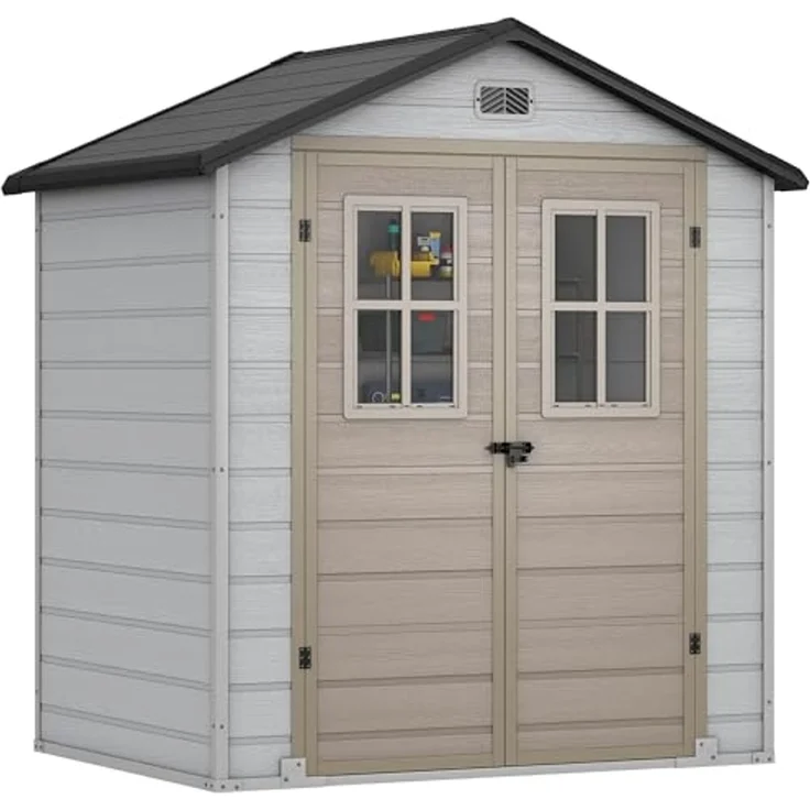 YITAHOME Kunststoff Gartenhaus 6x4.4 Fuß mit Boden, Wetterfester Aufbewahrungsschuppen mit verschließbaren Türen, Fenstern & Belüftung für Gartenwerkzeuge, Fahrräder, 183 x 135 x 208 cm, Braun Schwarz – Bild 1