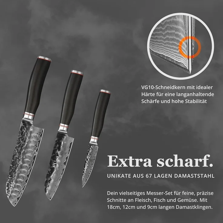 Wakoli Messer-Set Ebo 3er Damastmesser Set Küchenmesser Kochmesser 9 bis 18cm Klingen (Damastmesser mit Geschenkbox, 1-tlg, 1x 3er Damastmesser-Set), aus 67 Lagen Damaststahl, VG10 Kern – Bild 3