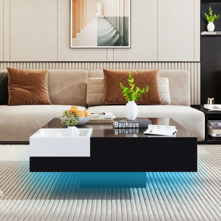 Merax Couchtisch, Hochglanz-Wohnzimmertisch, Beistelltisch mit abnehmbarer Aufbewahrungsbox, Farbblockweiß und Schwarz, 72*72*30 cm, Mit LED-Lichteffekt – Bild 7