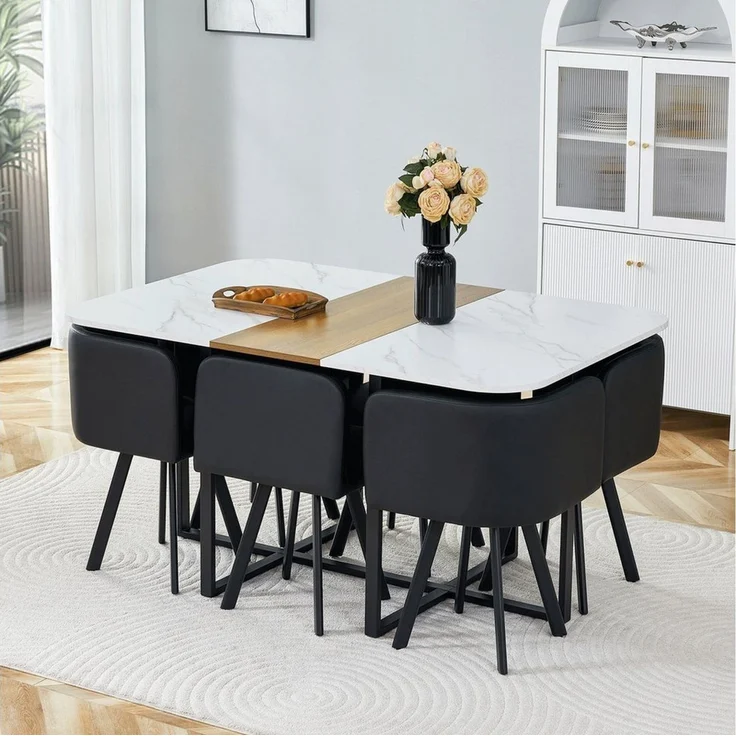 ANYSUN Essgruppe Esstisch-Set,Esstisch mit 6 Stühlen, für 4-6 Personen, (Set, 7-tlg,Tisch mit Holzmaserung-Oberfläche & schwarzem Metallgestell, Tisch mit 6 Stühlen), Esszimmerstuhl,rechteckig Küchentisch,ideal für Küche & Wohnzimmer – Bild 2
