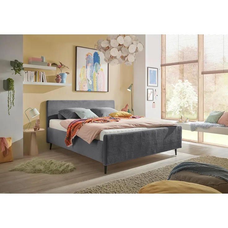 Stella Trading Peach Polsterbett Bettgestell 160x200, Dunkelgrau - Modernes Doppelbett in Cord-Optik mit Holzfüßen - 169 x 108 x 215 cm (B/H/T)