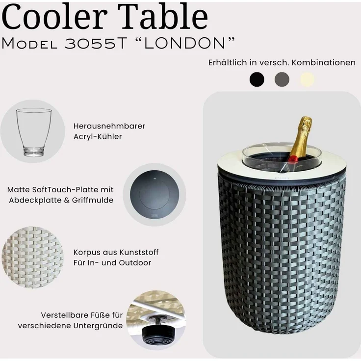 COOTAB Cooler Table LONDON 4-in-1 Loungetisch mit Acryl-Kühler - Champagner-Schwarz – Bild 3