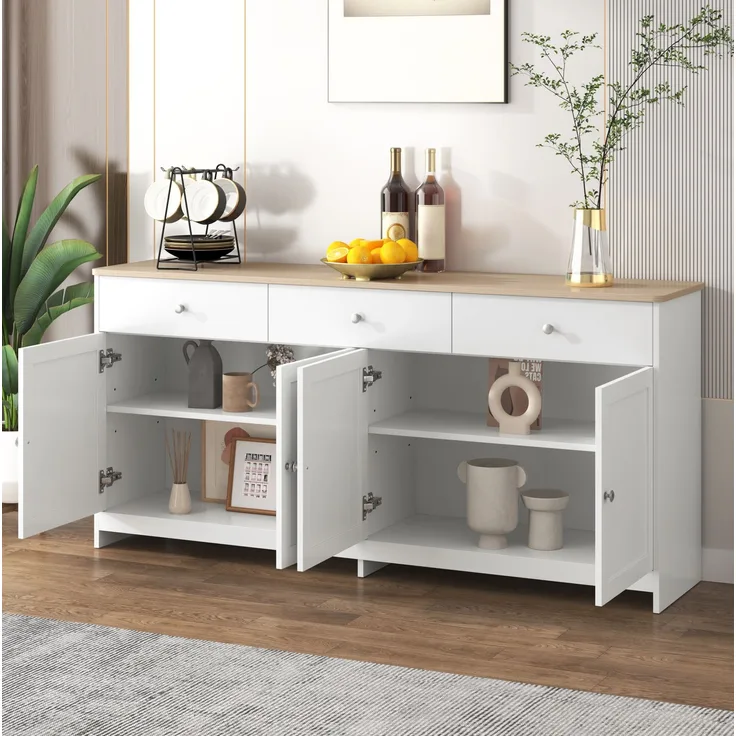 DESVIAE Sideboard mit 3 Schubladen und 4 Türen 160x75x37 cm MDF Weiß/Holzfarbe
