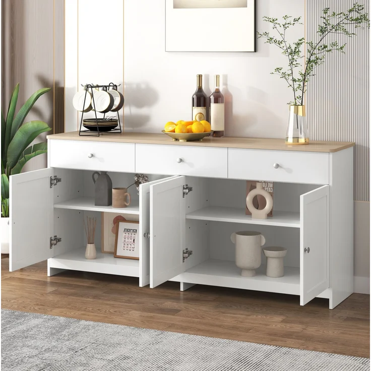 DESVIAE Sideboard mit 3 Schubladen und 4 Türen 160x75x37 cm MDF Weiß/Holzfarbe – Bild 1