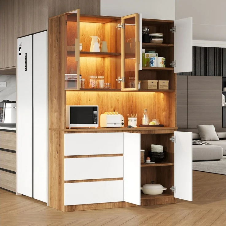 Celya Küchenbuffet Küchenschränke, Küchenvitrinen mit LED-Beleuchtung (mit 3 Schubladen, 6 Türen und Ablagebrettern) ideal für den täglichen Einsatz in Küche, Esszimmer oder Wohnbereich – Bild 4