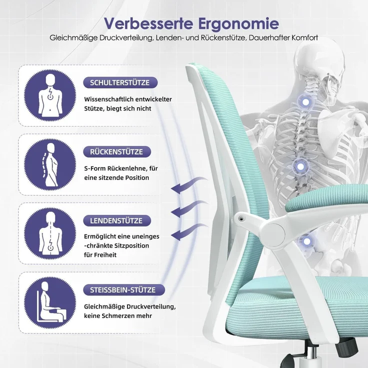 Bürostuhl Lendenstütze Armlehnen Wippfunktion 150kg Blaugrün Model 2 – Bild 4