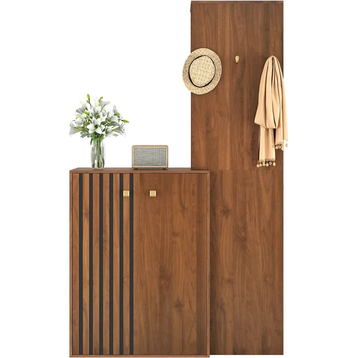 Moderne Garderobenset mit Stauraum, Kompaktgarderobe,Schuhschrank,Flurgarderobe,mit Kleiderhaken,Kleiderstange, für den Flur(Not a one-piece product, requires drilling and punching holes in the wall)--Nussbaum--115x38.5x191.5cm--YOUDENOVA