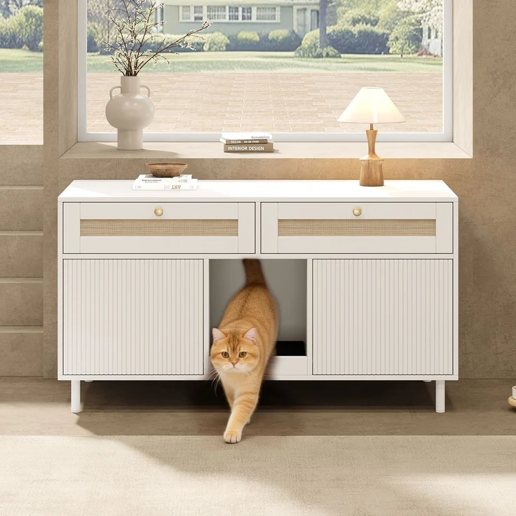 Katzentoilettenschrank mit Katzenstreufangmatte, Katzenstreuschrank, Haustierschrank mit Rattanschublade, Haustier-Sideboard/TV-Schrank, ohne Katzenstreu-Box, Weiß, 120x50x65 cm – Bild 7