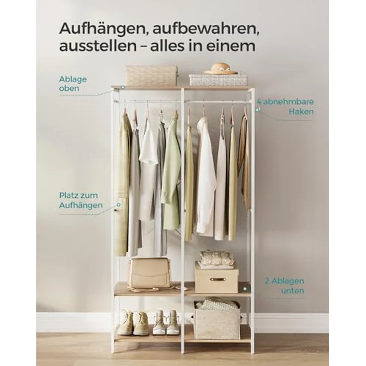 SONGMICS Kleiderschrank offen, Kleiderständer, Garderobenständer, Garderobe mit Kleiderstange, Ablagen, abnehmbare Haken, 40 x 94,5 x 180 cm, naturbeige RGR004W67 – Bild 5