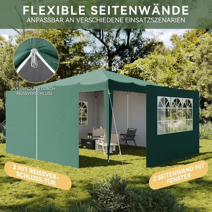 Aoxun Pop Up Pavillon 3x3 Wasserdicht mit 4 Seitenwänden, Metallrahmen-Schutzzelt, Höhe Verstellbar, 3mx3m Faltpavillon mit Tragetasche für Camping Party, Grün – Bild 5