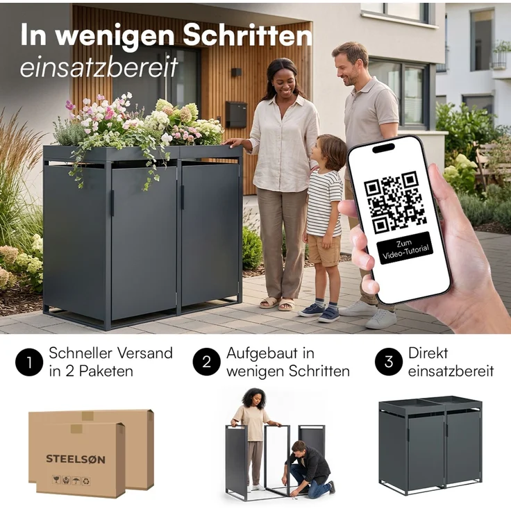 STEELSØN 'Thoria' Mülltonnenbox 2er je 240 Liter, anthrazit, Mülltonnenverkleidung aus Stahl, wetterfest, 125x80x134 cm, Müllbox mit Pflanzendach für 2 Tonnen – Bild 9
