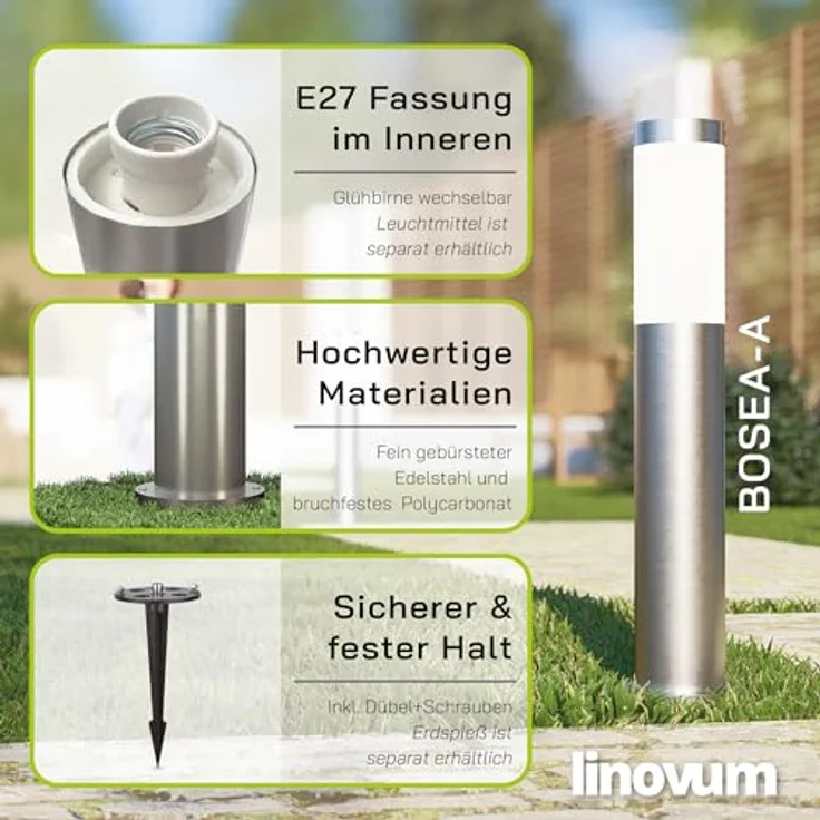linovum LED Außen-Wandleuchte 3er Set Wegeleuchte BOSEA-A mit E27 Sockel - Pollerleuchte Hoehe 50cm, Leuchtmittel nicht inklusive – Bild 4