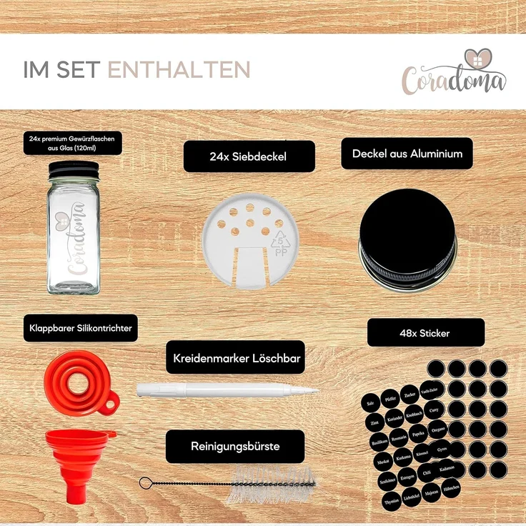 Gewürzgläser Set Eckig 24 Stück [10x4,2 cm] inkl. Gewürzetiketten | Organizer zur Aufbewahrung Küche - Glas mit Deckel für Gewürze | Vorratsdosen mit Deckel luftdicht | Spice Jars Gewürzdose – Bild 2