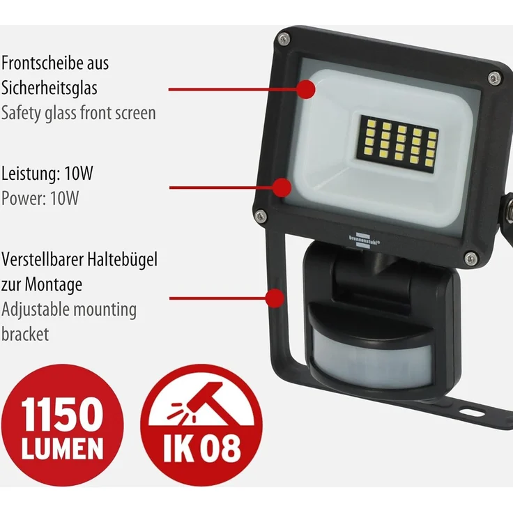 brennenstuhl LED Strahler JARO 1060 P mit Infrarot-Bewegungsmelder, 1150lm, 10W, IP65 – Bild 2
