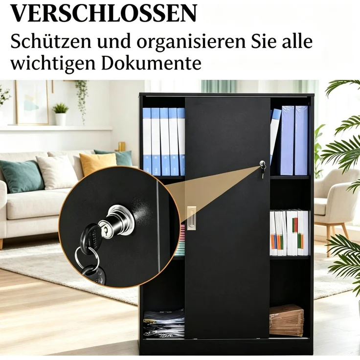 Dokumentenschrank mit Schiebetüren und Schloss, 80x40x120 cm, Schwarz – Bild 7
