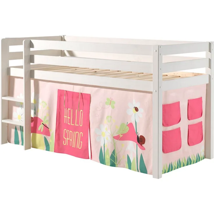 Spielbett Pino mit Textilset Vorhang "Spring", Kiefer massiv weiß lackiert