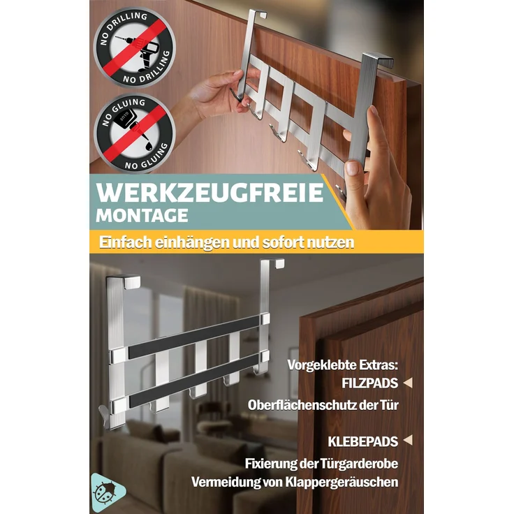 Aurelia Home Türgarderobe zum Einhängen, 5 Haken, Edelstahl, Silber – bis 30 kg – Bild 6