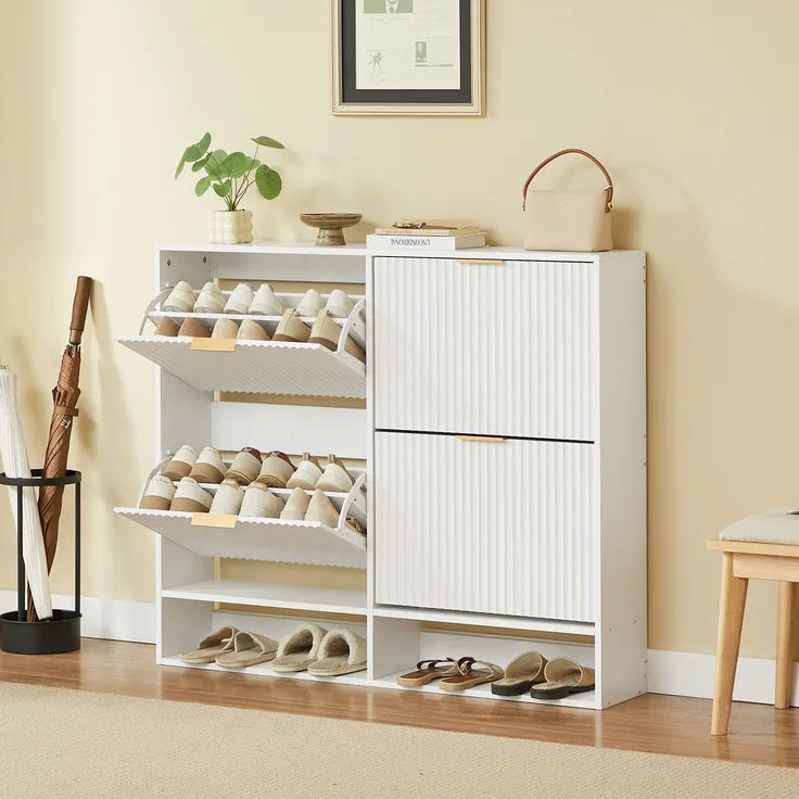120 x 24 cm Schuhschrank mit Nutfront – Höhenverstellbar mit Kippschutz und Dekotisch für den Flur, in Weiß--Weiß--120x24x102cm--YOUDENOVA