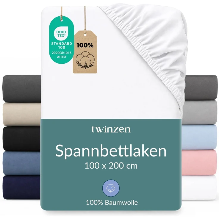 Twinzen Spannbettlaken Baumwoll-Jersey 100x200 Weiß Steghöhe 30 cm