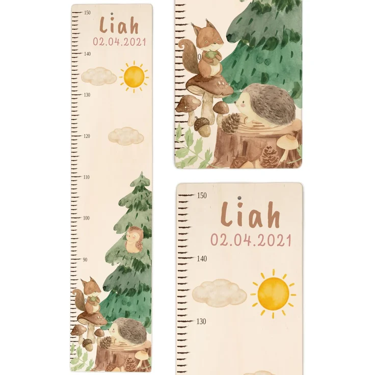 Kidsmood - Personalisierte Messlatte Kinder aus Holz – Hochwertige Messleiste & Wand-Deko für Baby- & Kinderzimmer mit liebevollem Wald – Tolles Taufgeschenk für Mädchen & Jungen - Skala 65-140cm