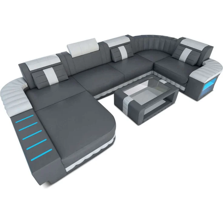 Sofa Dreams - Mini Designer Wohnlandschaft Bellagio Led U-Form - Büffelleder - Grau-Weiß - Links – Bild 1