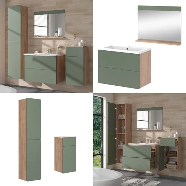 Vichy Badmöbel-Set Izan, 5-teiliges Badmöbelset in Goldkraft Eiche/Grün mit Hoch- und Midischrank – Bild 8